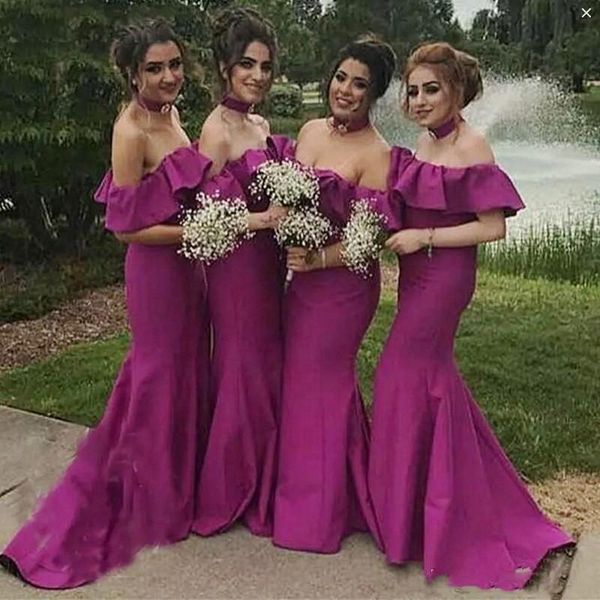 

dark fushia mermaid bridesmaid dresses for wedding off the shoulder satin maid of honor gowns sweep train bridesmaid dress b58, White;pink