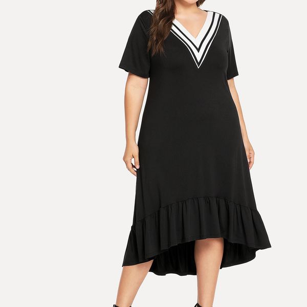 

2019 summer dress women plus size loose v-neck long ruffled dress robe femme ete female vestidos verano, Black;gray