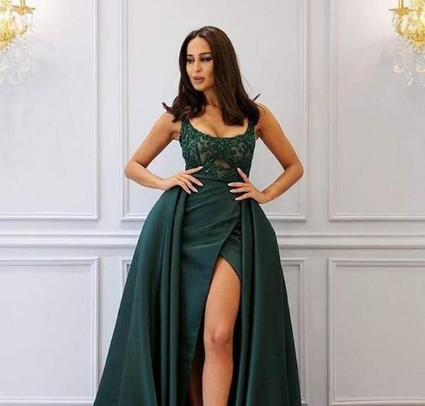

custom made 2020 hunger green a line evening dresses with overskirt scooped appliqued beading high split prom party dresses, Black