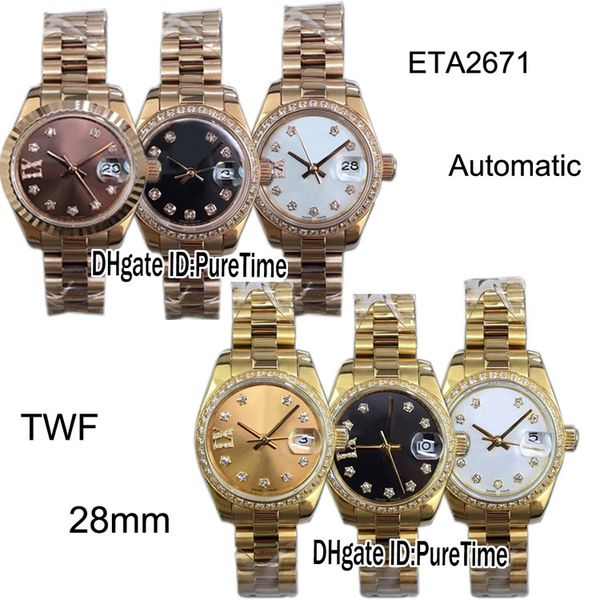 

twf 28mm eta2671 automatic womens watch date 18k rose gold brown dial diamonds markers edition 6 styles jubilee bracelet puretime tw02b, Slivery;brown