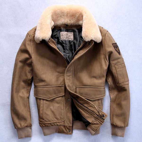 

aviirex flight jacket men's leather jacket with fur collar removable cowskin winter leather jacket/ coat men tan black brown