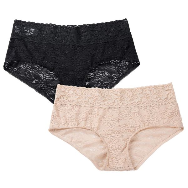 

women's 2 pack low rise sheer lace breathable panties hipster plus size, Black;pink