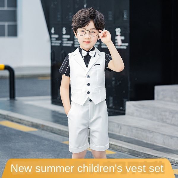 

2020 children's waistcoat boy's one-year-old dress suit white flower boy piano performance formal dress suit horse clip, Blue;gray
