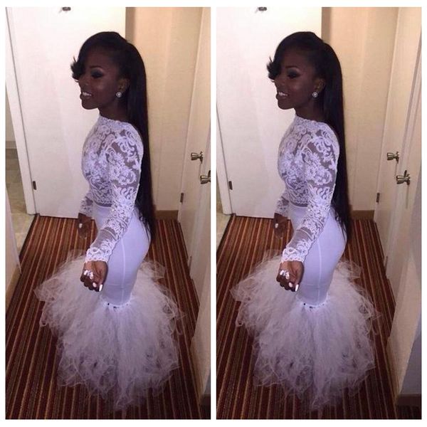 

2019 lace long sleeves slim mermaid white prom dresses lace appliques two pieces tulle ladies evening party gowns beaded special gowns, Black