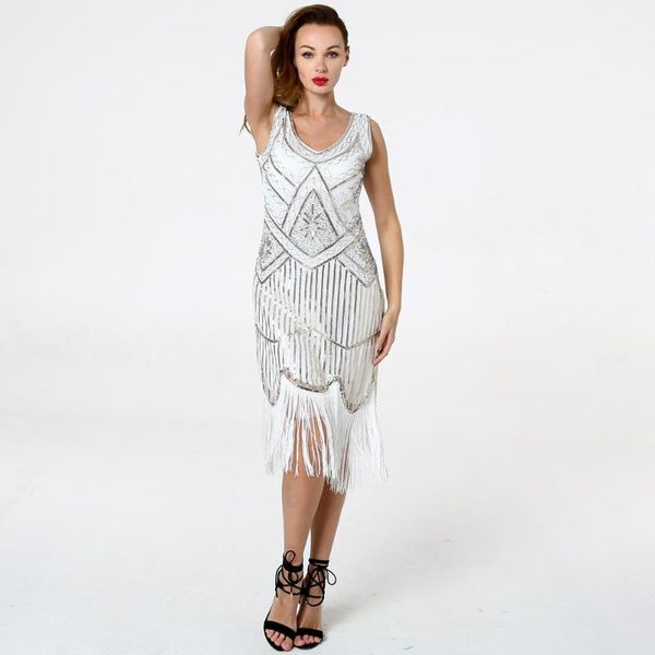 

womens 1920s vintage flapper great gatsby party dress v-neck sleeve sequin fringe midi dresses summer art deco embellished, Black;gray