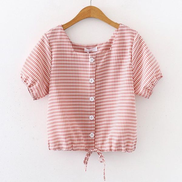 

women's blouses & shirts fashion elegant blouse women summer french retro v-neck short sleeve casual button plaid blusas mujer de moda, White