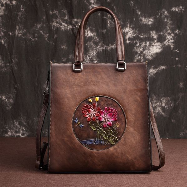 

tote shopping bags shoulder messenger female bag lotus pattern design large capacity women genuine leather handbag