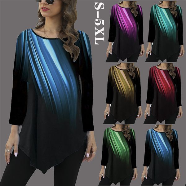 

женская весна дизайнер повседневный tshirts с длинным рукавом экипаж шеи мода tops casual famale градиент print тройники, White