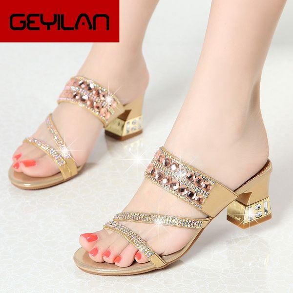 

fashion women slippers slip on mules open toe med heel women shoes summer gold sandals brand slipper wedding shoes xmx-a0032, Black