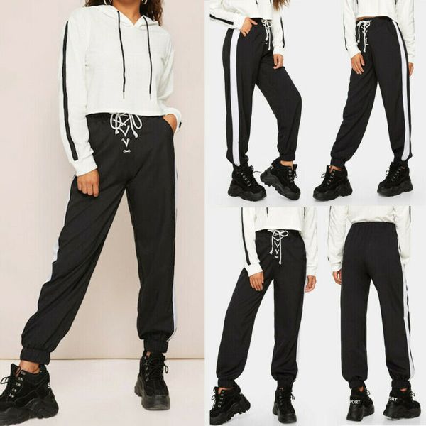 

women casual pants black lace-up tracksuit jogger pants ladies drawstring elastic waist trousers sweatpants jogger harem, Black;white