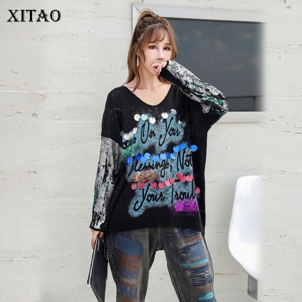 

xitao sequined letter knitted sweater women fashion new 2019 autumn pullover elegant small fresh loose style sweater wqr1962, White;black