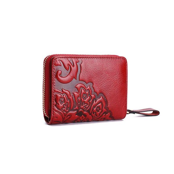 

female card holder wallet double zipper waxed leather wallet essential oil unique embossed style short, White