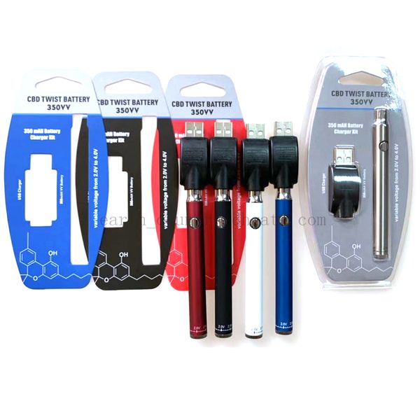 

Blister Pack 350VV Preheat Battery 350mAh Bottom Twist Cartridge Kit Vape Pen Variable Voltage Ego Spinner Battery with USB Charger