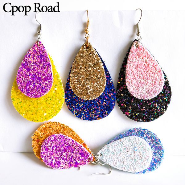 

cpop glitter double layers water drop leather earrings gift fashion statement dangle earring jewelry women accessories, Silver
