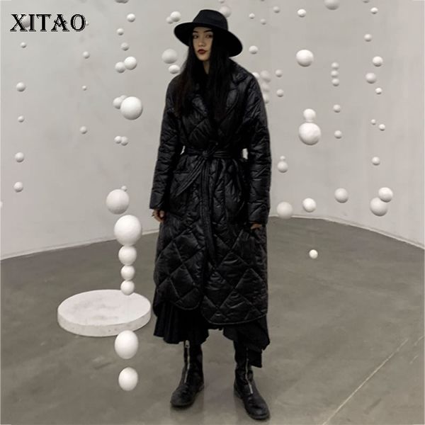 

xitao wide waist fashion black parka fashion new 2019 winter bandage full sleeve elegant pocket long casual coat dmy2011