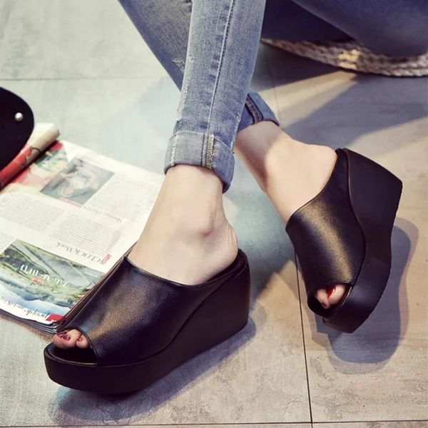 

2018 new style slanted heel sandals women's summer platform thick bottomed high-heel single-strap slipper, Black