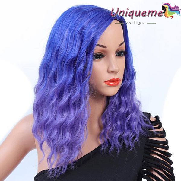 Ombre Hair Blue Purple Color Synthetic Wigs Natural Wave Heat