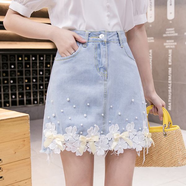 

skirt women fashion lace flower denim summer pearl high waist ladies jean mini skirt causal korean slim girls short faldas 2020, Black