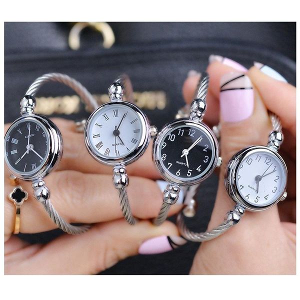 

unique women bracelet watch little smooth dial luxury silver slim strap korean retro art female clock quartz watch gift hour, Slivery;brown