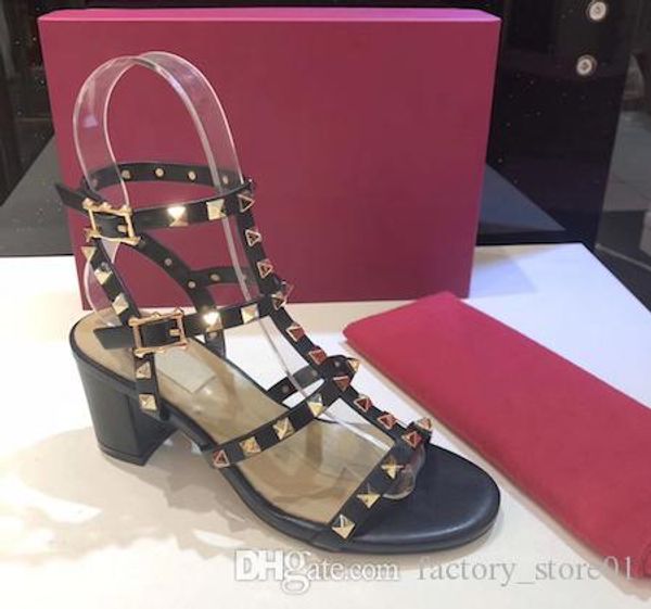 

women leather stud sandals t-strap sandal summer high heels rivets shoes ladies party shoes 6.5cm 9.5cm 15color with box, Black