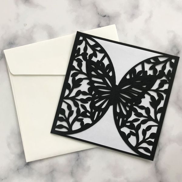 

25pcs square laser cut wedding invitations hollow lace butterfly invites wedding & engagement cards red white blue greeting card, Black