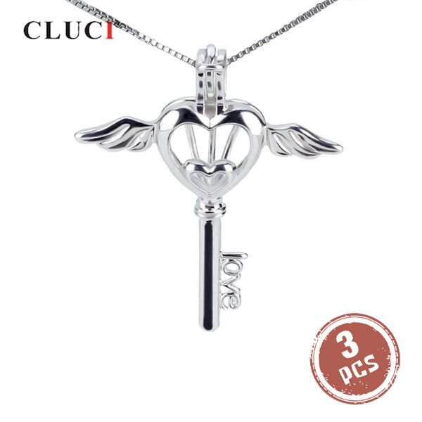 

cluci 3pcs romantic angel wing silver 925 key pearl pendant locket women fine jewelry 925 sterling silver cage pedant locket
