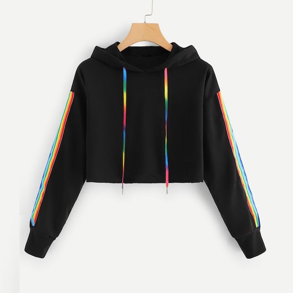 

fashion female long sleeve hoodie pullover sweatshirt rainbow hoodies women sweatshirt long-sleeved hooded lace up w6, Black