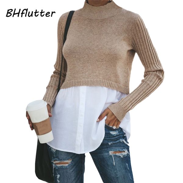 

bhflutter fashion spliced sweater women long sleeve casual turteneck sweaters knitted ladies autumn winter pullovers jumper, White;black
