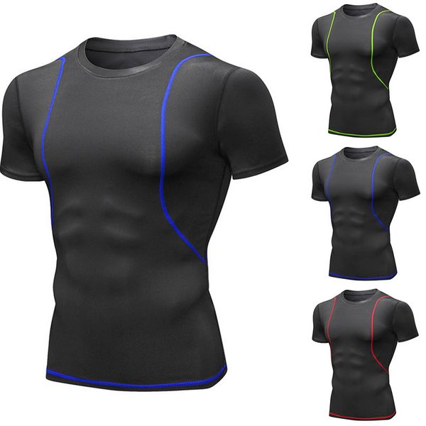 

2020 men sport running workout shapers shirt short sleeve body t-shirt jogging baselayer tee shirt shaper male fitness gym, Black;blue