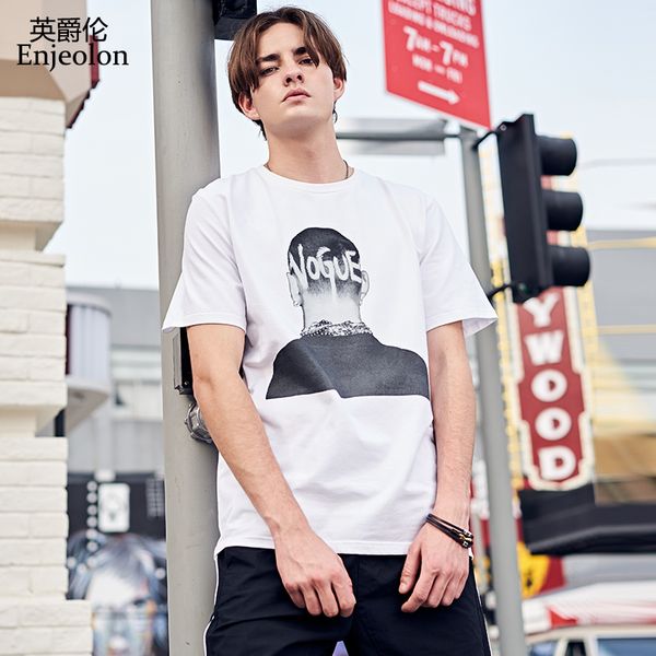 

enjeolon brand t shirt men summer short sleeved o-neck hip streetwear 100% cotton tshirts male tee shirt t5145, White;black