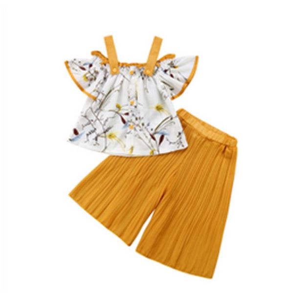 

новый 1-6y малыш baby girls одежда наборы 2шт с плеча с коротким рукавом цветы футболки топы+желтые широкие брюки ноги, White