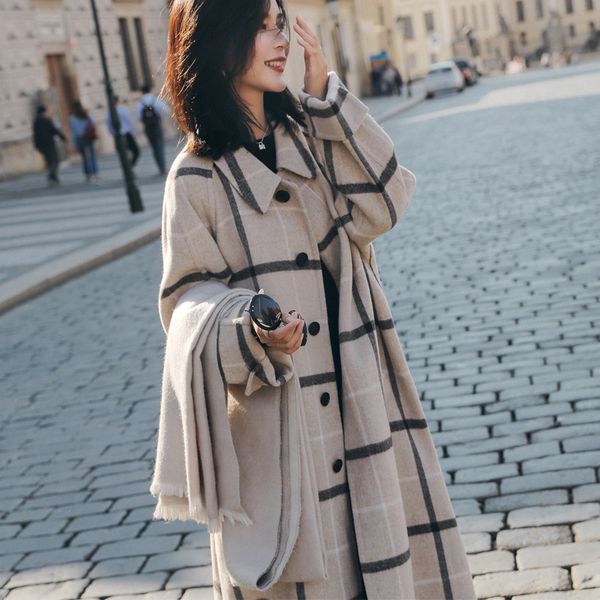 

women's wool & blends 2021 oversize plaid coat autumn winter fashion retro lapels mid-leng temperament women zy173, Black