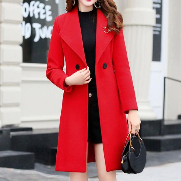 

long woolen coat women autumn winter work solid vintage winter office long sleeve button jacket coat2020#4, Black