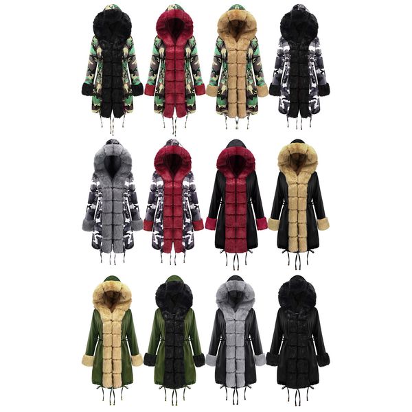

women long coat womens fashion plush fur collar warm coats designer casual camouflage thick women outerwear down 17 styles size s-2xl, Black