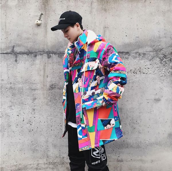 

tang 2019 long trench coat men streetwear geisha printed hooded high street clothing mens jackets and coats designer clothes, Black;brown