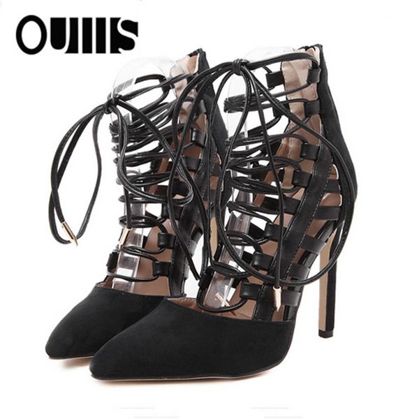 

four seasons european station suede pointed strap sandals cross-border explosion large size sandals female 35-42 yard spot, Black