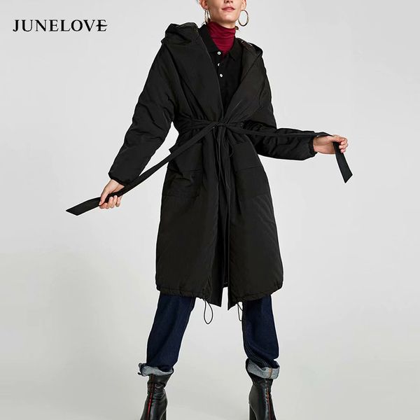 

junelove women winter long sleeve belt warm hooded parkas vintage female loose sashes long thick coat casual lady black outwears