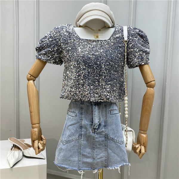 

ewq]2020 summer new product puff sleeve square collar sequined t-shirt european style loose short short ladies t shirt, White
