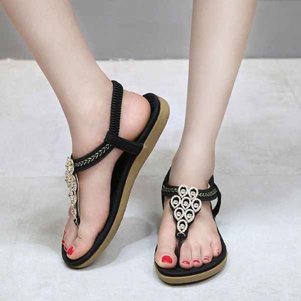 

youyedian summer sandals fashion womens t-strap open toe flat with bohemia sandals roman beach sandalias mujer 2020, Black