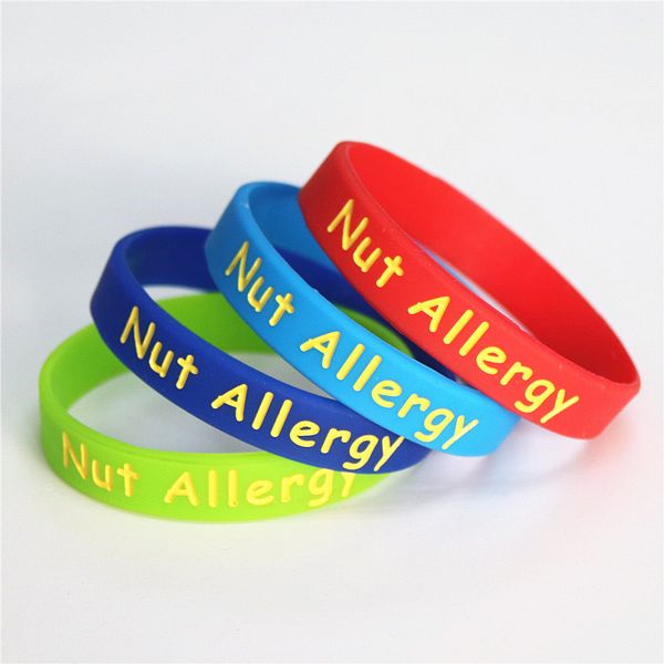 

4pcs/lot medical alert nut allergy silicone wristband adults size green red blue armband rubber braceets&bangles gifts sh110a, Golden;silver