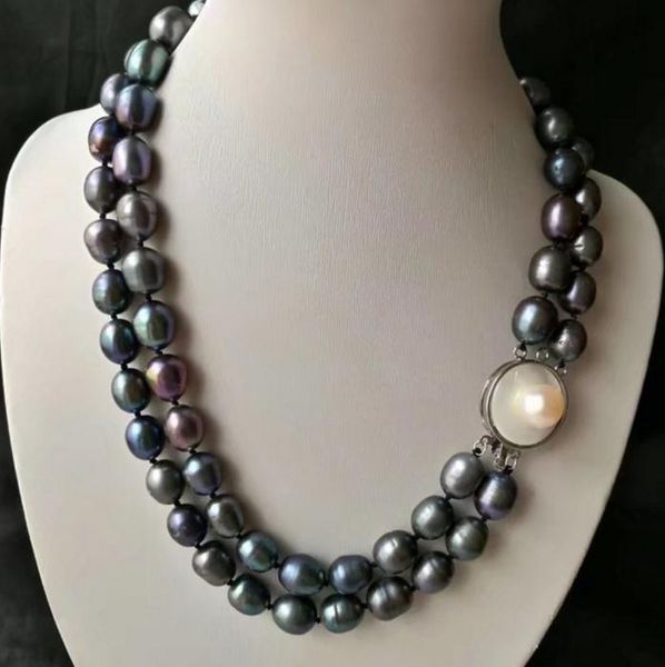 2 STRANDS 11-13mm NATURAL TAHITIAN BLACK PEARL BAROCK KETTE 18-19 INCH