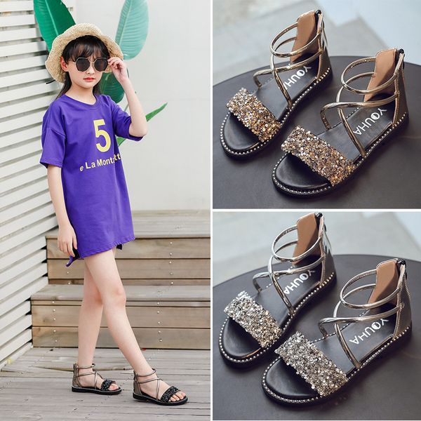 

2020 baby girl shoes kids sandals fashion shiny rhinestone princess rome shoes kids shoes flat sandalias girls sandals t200411, Black;red