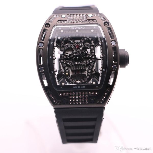 

boyuheng transparent quartz movement 43mm diamond hollow skull skeleton dial mens watches rubber band full black watch wristwatches, Slivery;brown