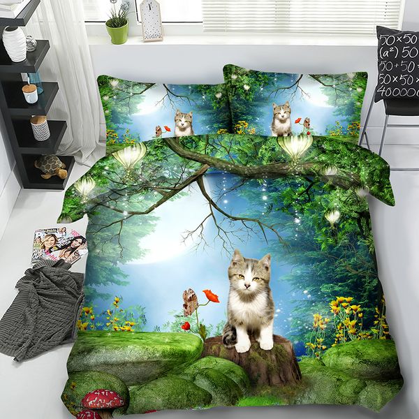 3d Cat Duvet Cover With Pillow Shams Bedding Microfiber Forest