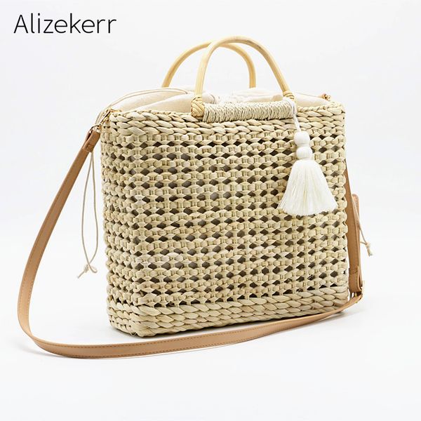 

hollow out straw bag women summer large capacity handmade woven wood handle tassel beach bag rattan female bolso paja holiday
