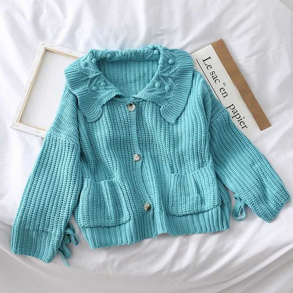 

wind navy sweet collar three-dimensional wool ball single-breasted sweater jacket new butterfly tie knitted shirt 2019, White;black