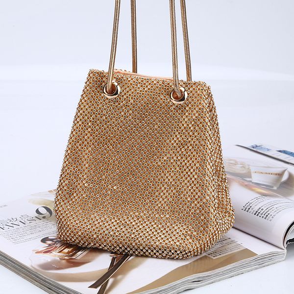 

portable evening handbags europe and america cross-border diamond-encrusted bag bucket clutch multi-function, Black