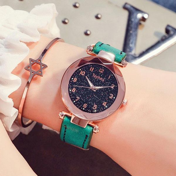 

luxury women watches quartz ladies watch fashion starry sky rose gold leather female wristwatch, Slivery;brown