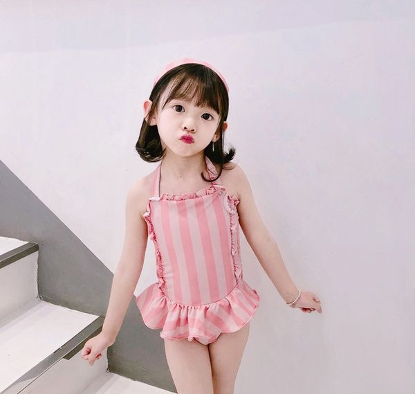 

baby girls pink striped swim 2019 girls beach swimsuit kids one-pieces ruffles swimwear summer for girls, Black