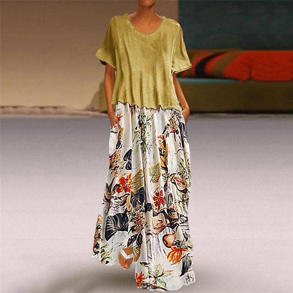 

women vintage plus size summer dress print patchwork o-neck two pieces pockets maxi dress party summer dresses 2019 vestidos, Black;gray